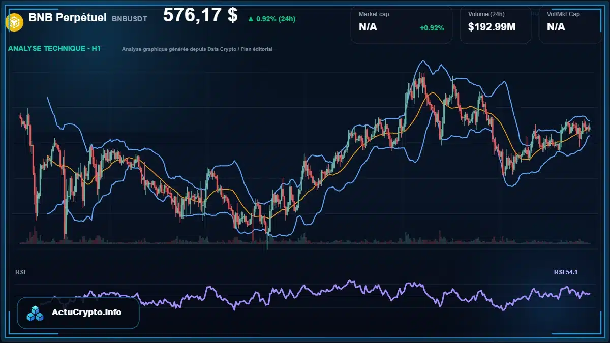 Graphique du cours BNB Perpétuel à 576 $ Analyse technique du cours de BNB Perpétuel de binancecoin à 576 $ aujourd'hui