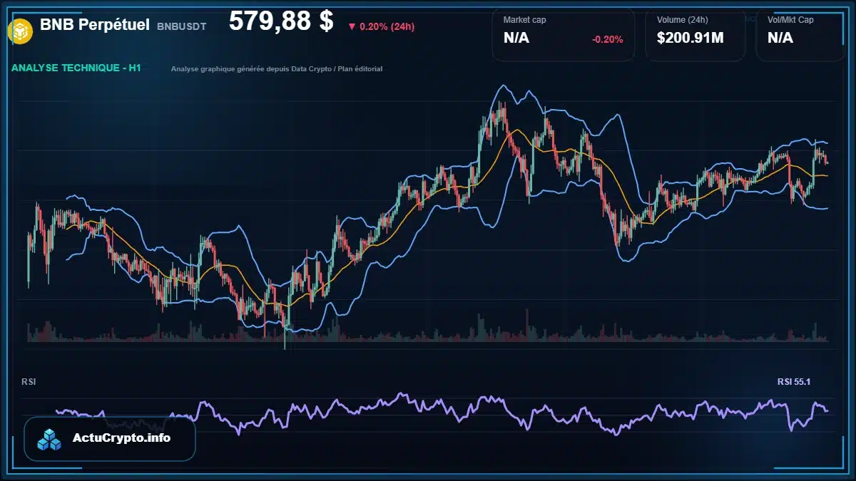 Graphique du cours BNB Perpétuel à 580 $ Analyse technique du cours de BNB Perpétuel de binancecoin à 580 $ aujourd'hui