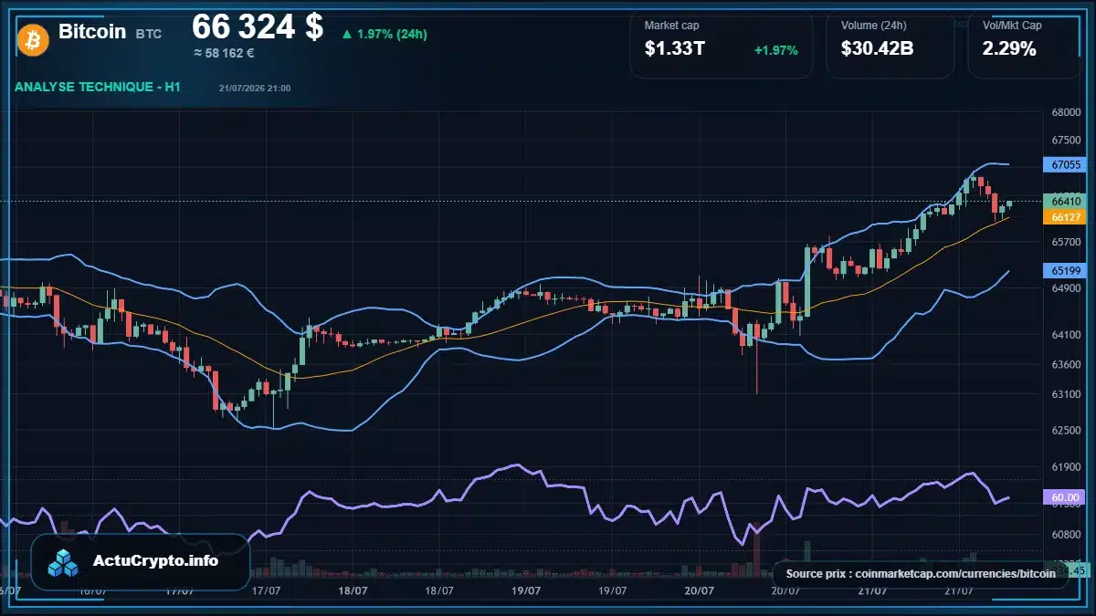 Graphique du cours Bitcoin à 66324 $ Analyse technique du cours de Bitcoin de bitcoin à 66324 $ aujourd'hui