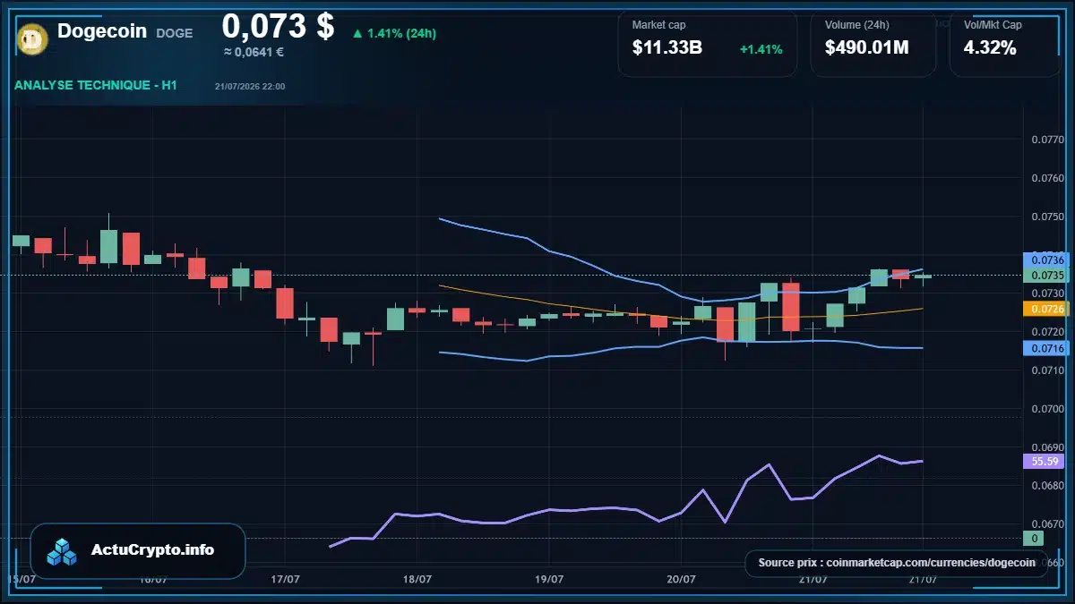Graphique du cours Dogecoin à 0.07 $ Analyse technique du cours de Dogecoin de dogecoin à 0.07 $ aujourd'hui