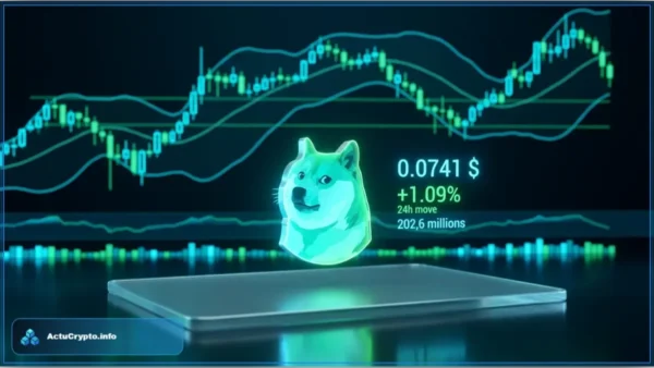 Graphique financier montrant l'évolution et l'analyse technique du cours Dogecoin à 0,0741 $