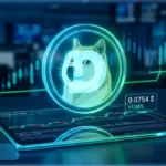 Graphique lumineux illustrant l'analyse du cours Dogecoin à 0,0754 dollar sur une tablette de trading