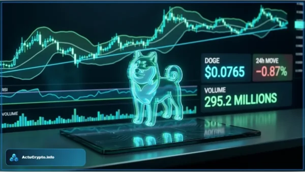Hologramme du chien Dogecoin devant un graphique boursier illustrant l'analyse technique du cours Dogecoin