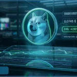 Tableau de bord virtuel montrant le cours Dogecoin en baisse avec un graphique d'analyse technique