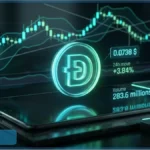 Graphique financier illustrant le cours Dogecoin à 0,0738 dollar avec des indicateurs de survente extrême