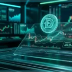 Graphique d'analyse technique affichant le cours Dogecoin testant le support critique de 0.0721 dollar sur un écran de trading futuriste.
