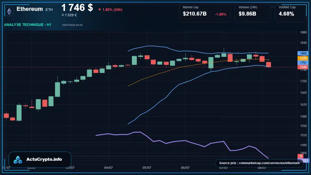 Graphique du cours Ethereum à 1746 $ Analyse technique du cours de Ethereum de ethereum à 1746 $ aujourd'hui
