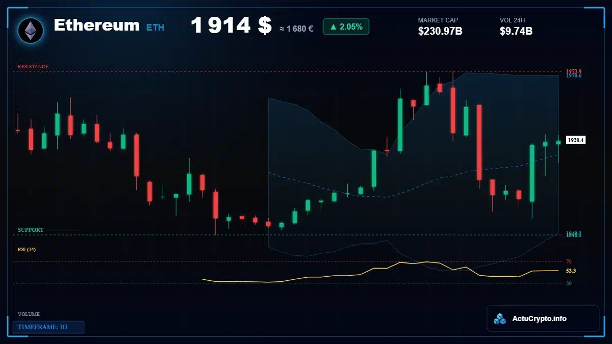 Graphique du cours Ethereum à 1914 $ Analyse technique du cours de Ethereum de ethereum à 1914 $ aujourd'hui