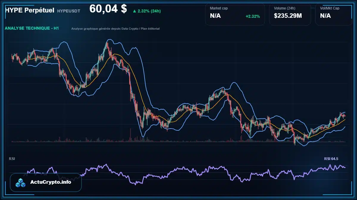 Graphique du cours HYPE Perpétuel à 60.04 $ Analyse technique du cours de HYPE Perpétuel de hypeusdt à 60.04 $ aujourd'hui