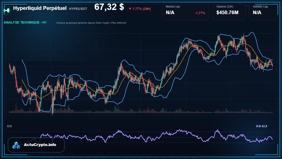 Graphique du cours Hyperliquid Perpétuel à 67.32 $ Analyse technique du cours de Hyperliquid Perpétuel de hyperliquid à 67.32 $ aujourd'hui