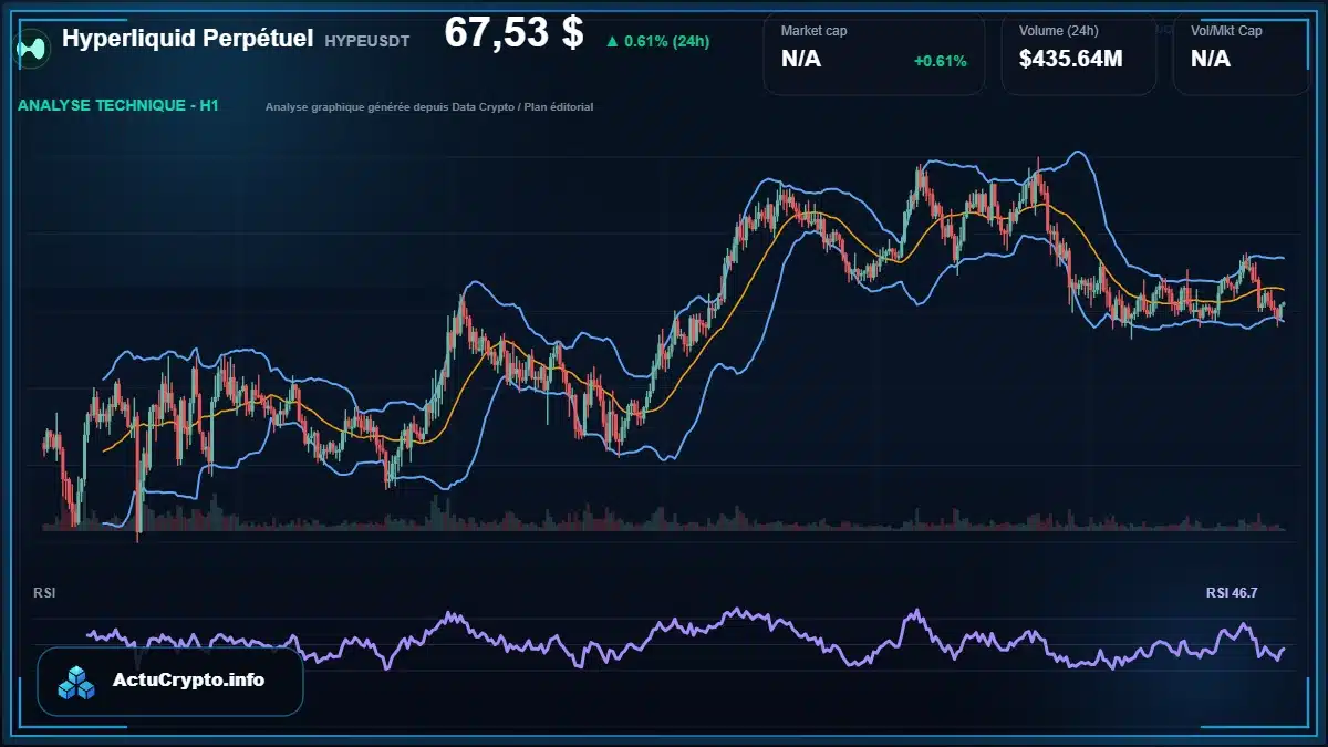 Graphique du cours Hyperliquid Perpétuel à 67.53 $ Analyse technique du cours de Hyperliquid Perpétuel de hyperliquid à 67.53 $ aujourd'hui