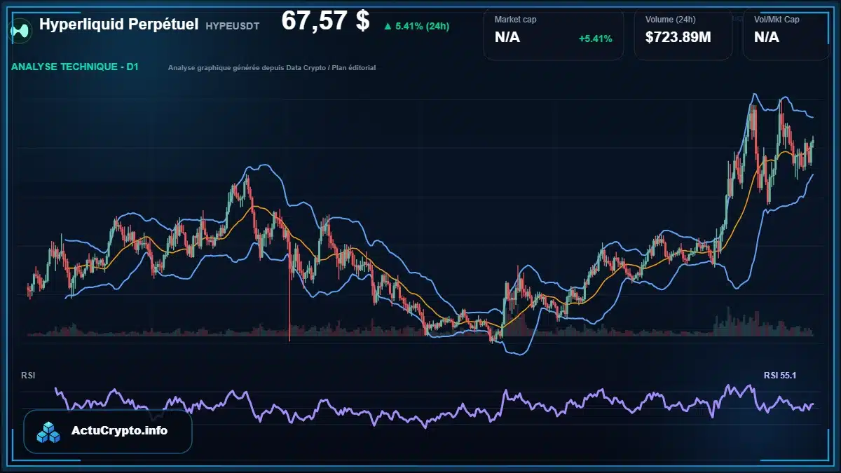 Graphique du cours Hyperliquid Perpétuel à 67.57 $ Analyse technique du cours de Hyperliquid Perpétuel de hyperliquid à 67.57 $ aujourd'hui
