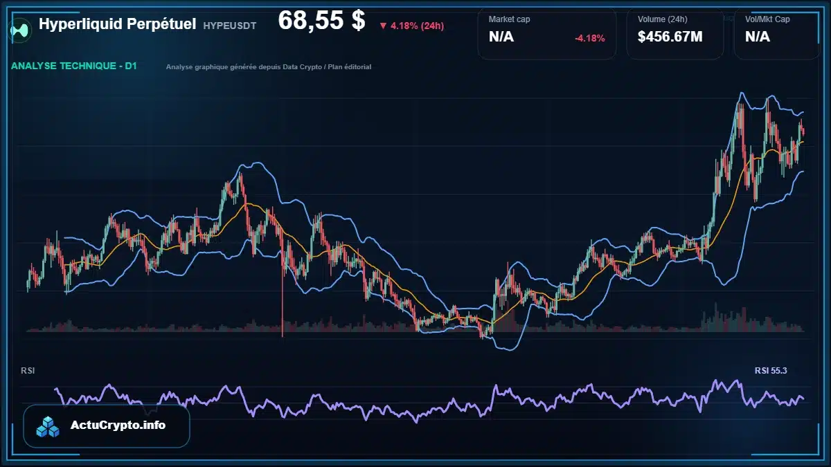 Graphique du cours Hyperliquid Perpétuel à 68.55 $ Analyse technique du cours de Hyperliquid Perpétuel de hyperliquid à 68.55 $ aujourd'hui