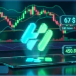 Graphique technique illustrant le cours Hyperliquid avec le logo HYPE lumineux, affichant un prix de 67 dollars et un volume de 450 millions.