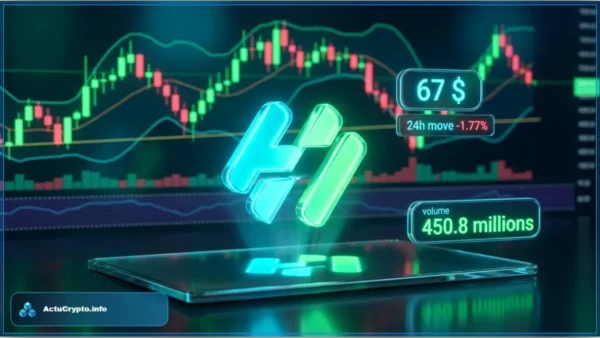 Graphique technique illustrant le cours Hyperliquid avec le logo HYPE lumineux, affichant un prix de 67 dollars et un volume de 450 millions.