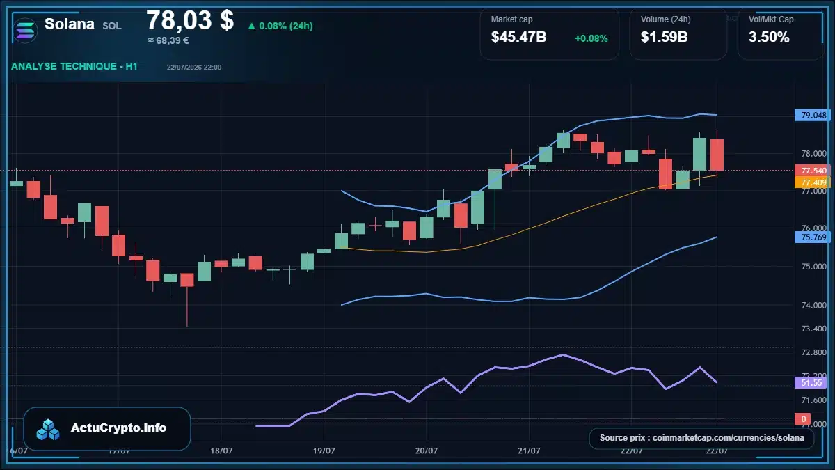Graphique du cours Solana à 78.03 $ Analyse technique du cours de Solana de solana à 78.03 $ aujourd'hui