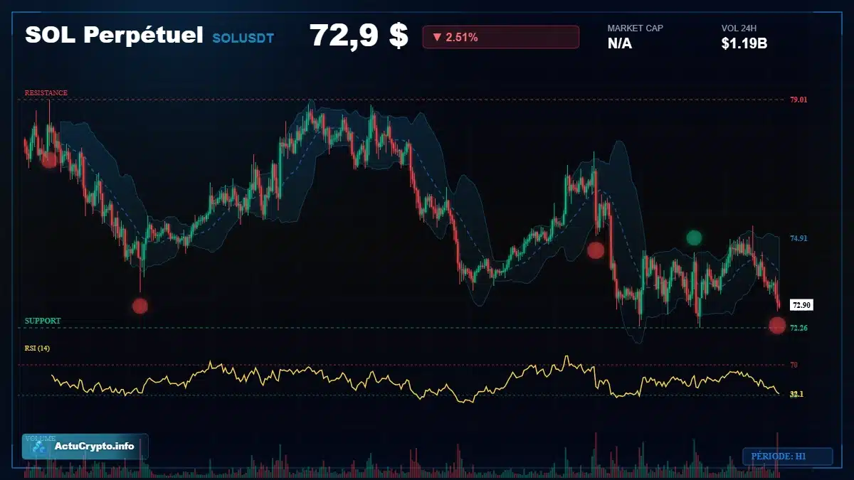 Graphique du cours SOL Perpétuel à 72.90 $ Analyse technique du cours de SOL Perpétuel de solusdt à 72.90 $ aujourd'hui