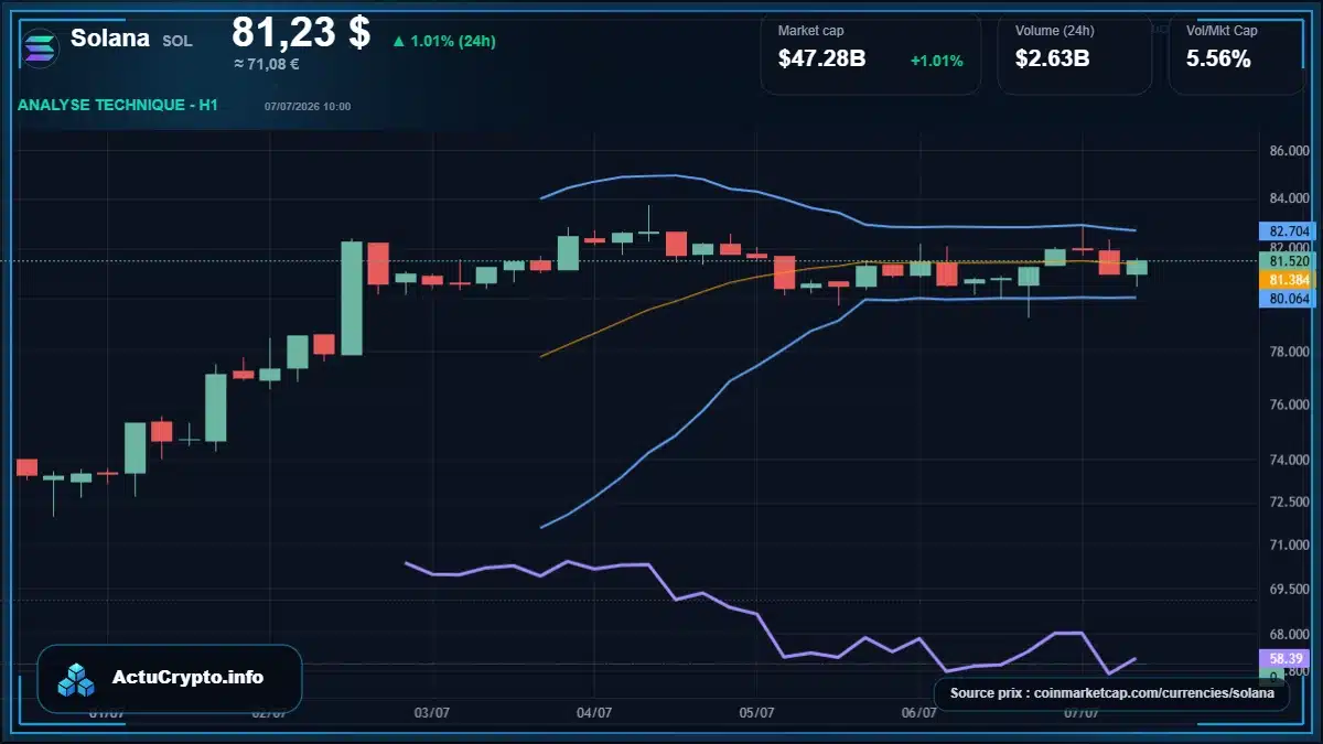Graphique du cours Solana à 81.23 $ Analyse technique du cours de Solana de solana à 81.23 $ aujourd'hui