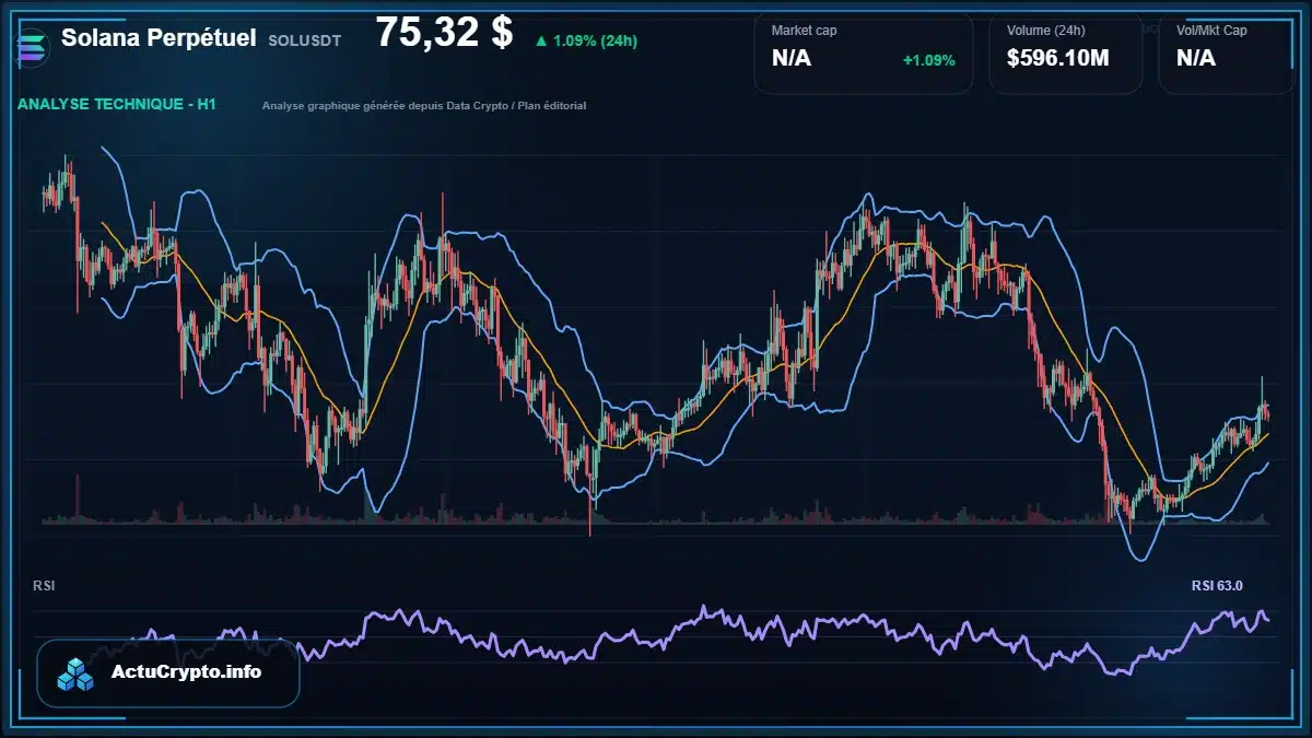 Graphique du cours Solana Perpétuel à 75.32 $ Analyse technique du cours de Solana Perpétuel de solana à 75.32 $ aujourd'hui