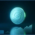 Pièce 3D du jeton XLM lumineuse au-dessus d'un graphique ascendant illustrant la hausse du cours Stellar