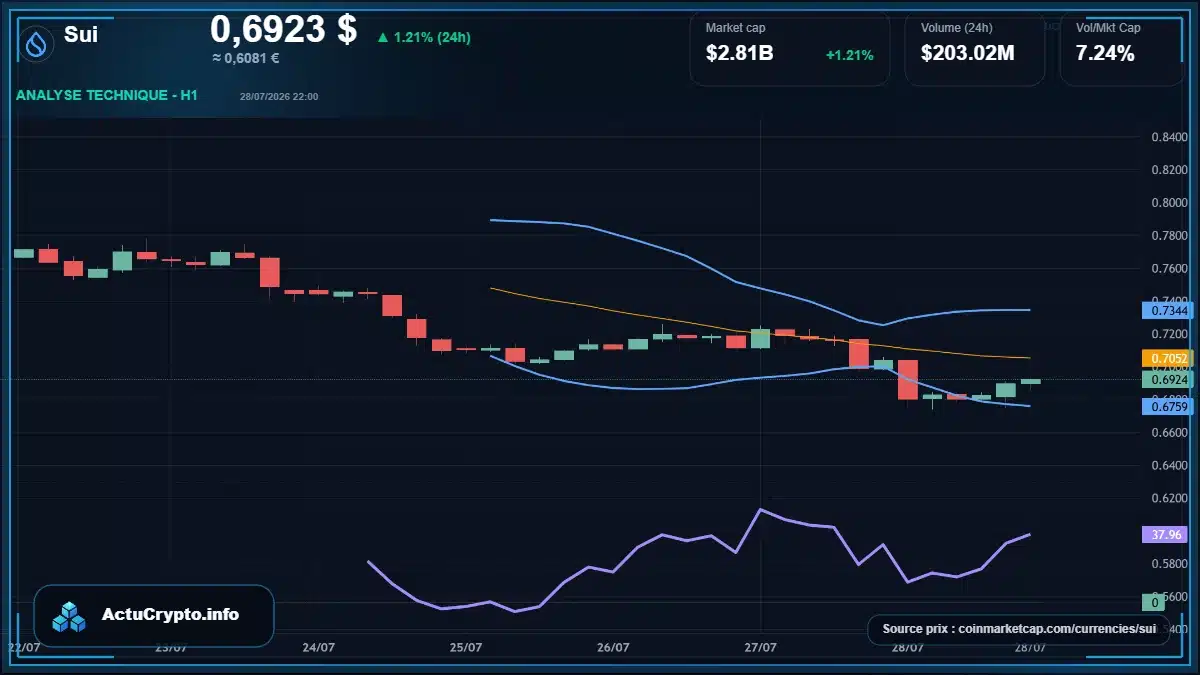 Graphique du cours Sui à 0.69 $ Analyse technique du cours de Sui de sui à 0.69 $ aujourd'hui