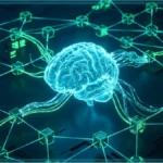 Un cerveau numérique interconnecté à un réseau blockchain, représentant la crypto IA et l'infrastructure des agents autonomes.