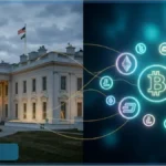 Montage de la Maison-Blanche reliée à des symboles de cryptomonnaies illustrant le débat sur la crypto Trump