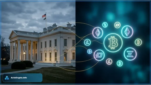 Montage de la Maison-Blanche reliée à des symboles de cryptomonnaies illustrant le débat sur la crypto Trump
