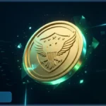 Pièce dorée avec un aigle symbolisant la crypto Trump dans un environnement numérique futuriste