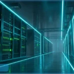 Rangées de serveurs dans un data center moderne de minage Bitcoin avec éclairage bleu