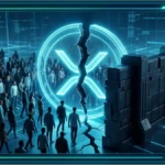 Une foule de personnes devant un logo XRP Ledger fissuré, symbolisant le débat entre l'adoption et la sécurité du réseau.