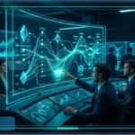 Des professionnels de la finance analysent des graphiques de DeFi et de stablecoins sur des écrans holographiques.