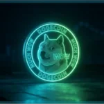 Pièce Dogecoin lumineuse verte sur un fond sombre illustrant l'analyse technique du marché