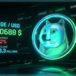 Graphique d'analyse technique du Dogecoin montrant le prix à 0,0688 dollar face aux turbulences du marché crypto.