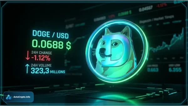 Graphique d'analyse technique du Dogecoin montrant le prix à 0,0688 dollar face aux turbulences du marché crypto.