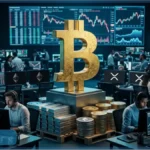 Symbole Bitcoin lumineux dominant d'autres cryptomonnaies sur un fond technologique bleu, représentant la domination sur le marché crypto.