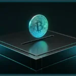 Une pièce de Bitcoin lumineuse au-dessus de la fente d'une urne de don métallique noire