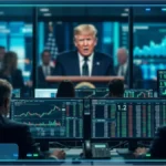 Donald Trump diffuse sur un ecran geant dans une salle de trading crypto affichant 1,2 milliard