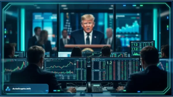 Donald Trump diffuse sur un ecran geant dans une salle de trading crypto affichant 1,2 milliard