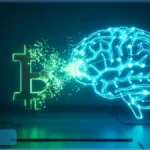 Un logo Bitcoin vert se transformant en un cerveau numérique bleu représentant l'intelligence artificielle, illustrant le pivot d'Empery Digital.