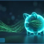 Tirelire numérique lumineuse avec des flux de données verts, représentant l'épargne des Français et les alternatives financières
