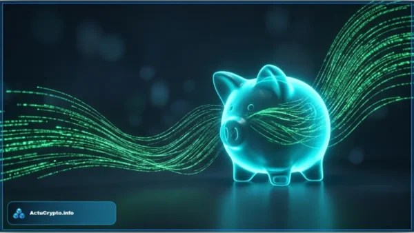 Tirelire numérique lumineuse avec des flux de données verts, représentant l'épargne des Français et les alternatives financières
