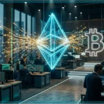 Logo Ethereum lumineux prenant l'avantage sur le Bitcoin dans une salle de marché, symbolisant la chute des ETF Bitcoin