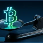 Un logo Bitcoin vert lumineux posé sur le plateau d'une balance noire symbolisant le retour des flux positifs pour les ETF Bitcoin
