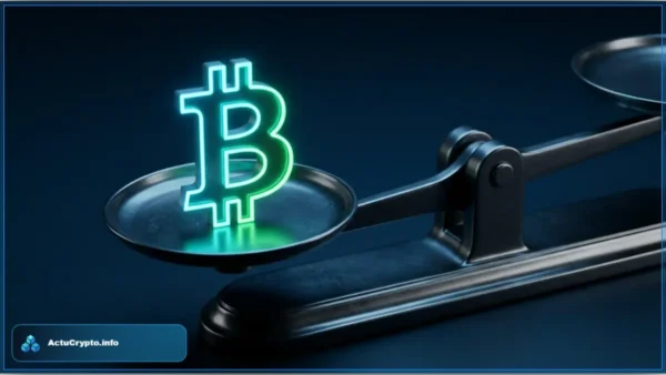 Un logo Bitcoin vert lumineux posé sur le plateau d'une balance noire symbolisant le retour des flux positifs pour les ETF Bitcoin