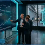 Représentation 3D d'un ETF Bitcoin avec des flux financiers lumineux