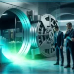 Hommes d'affaires observant un coffre-fort futuriste lumineux symbolisant les entrees massives de capitaux dans les ETF Bitcoin.