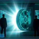 Investisseurs institutionnels observant un coffre-fort numérique lumineux symbolisant les ETF Bitcoin