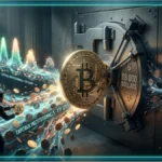 Symbole Bitcoin en néon vert sur un graphique boursier représentant les ETF Bitcoin