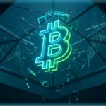 Logo Bitcoin en néon brisant un plafond de verre illustrant les entrées nettes des ETF Bitcoin